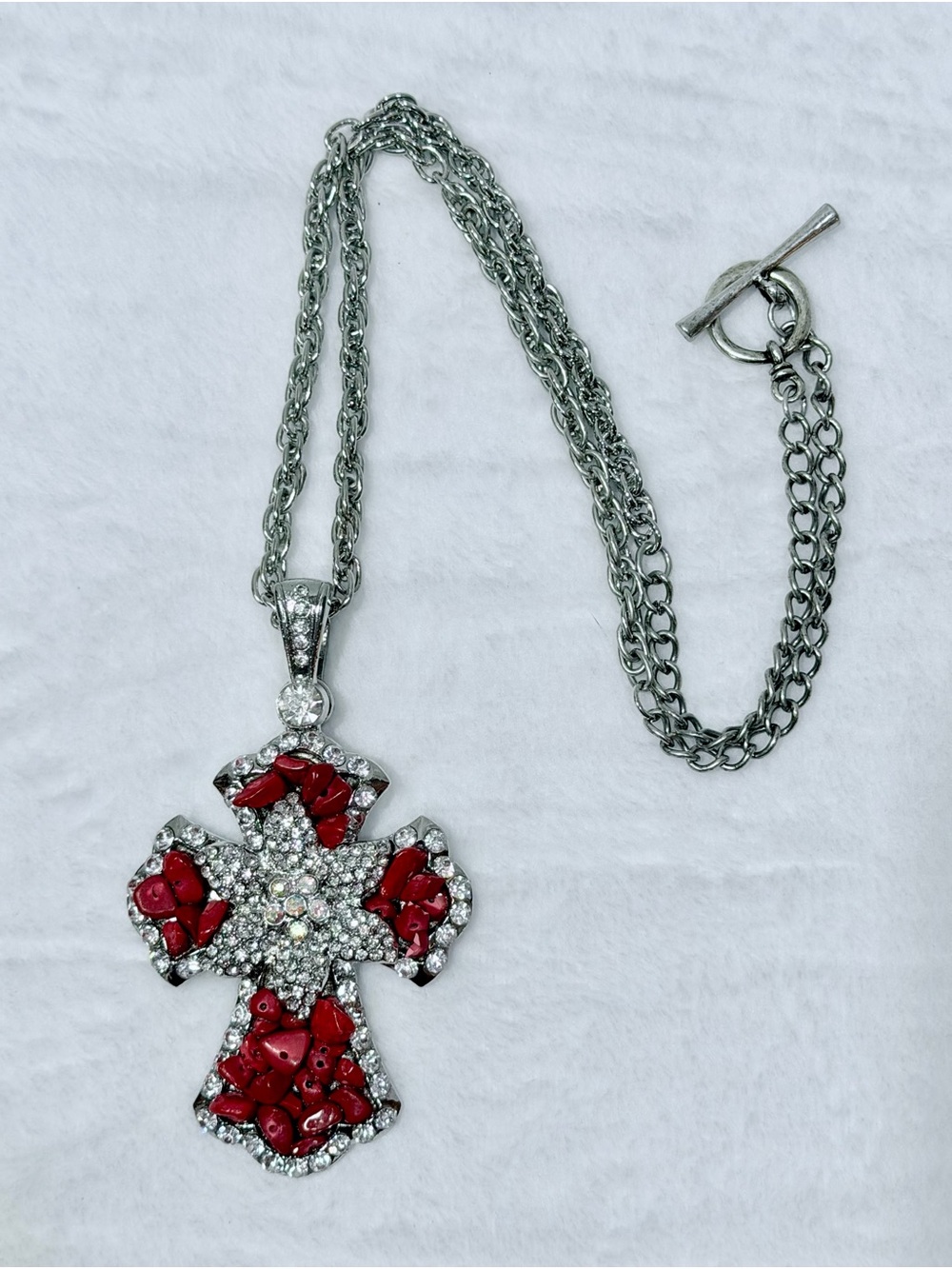 Silver Crystal Cross Pendant Necklace with Red Stone Accents